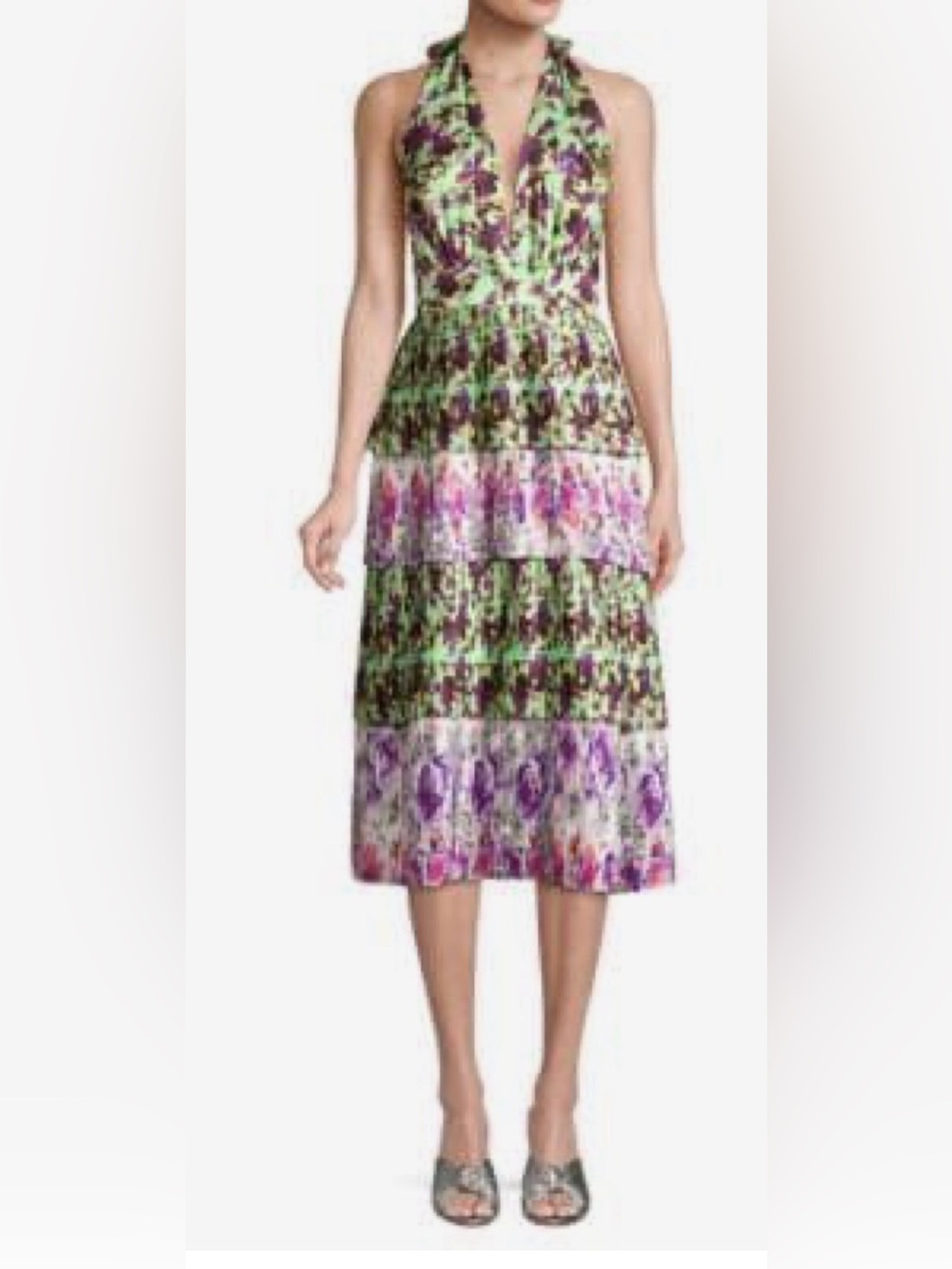 Delfi Green and Purple Floral Halter Tiered Maxi Dress
